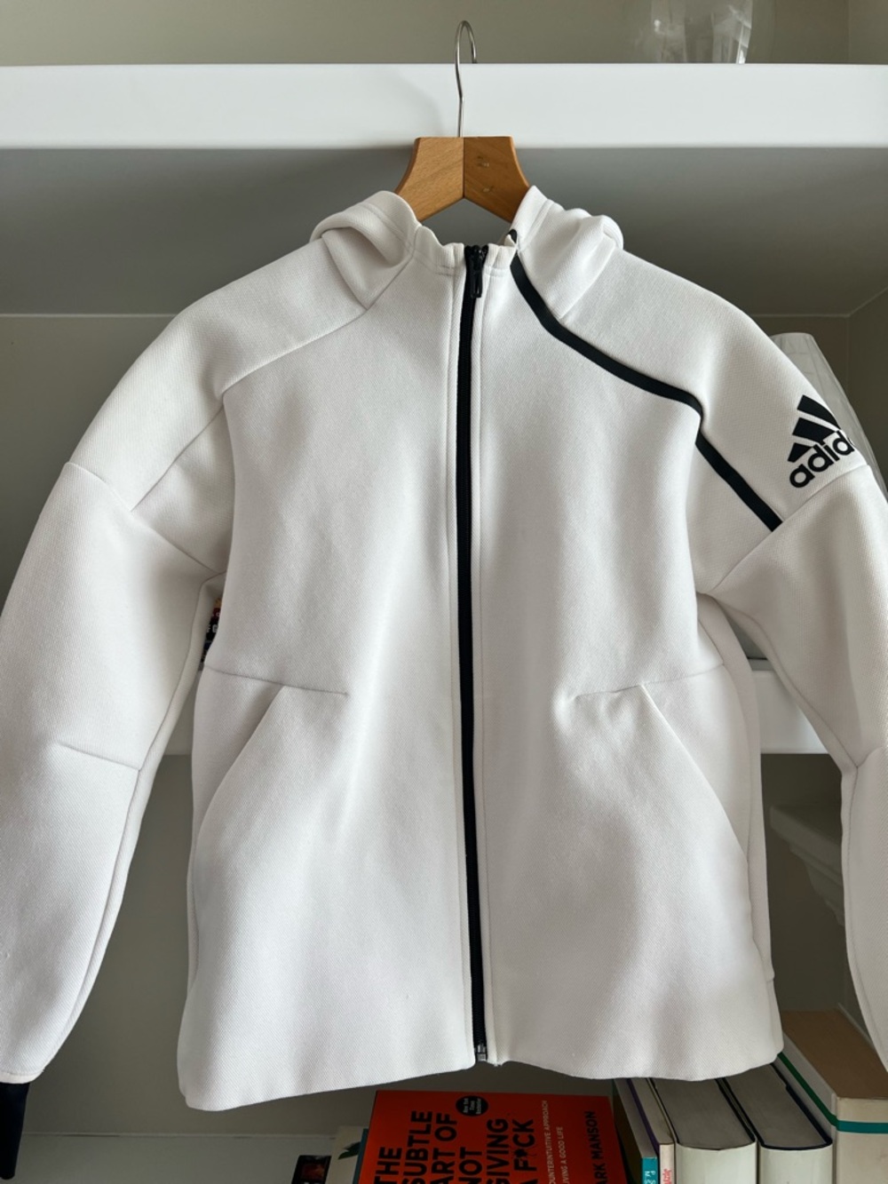 adidas White Hooded Zip Jacket with Black Accents